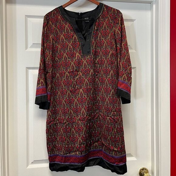 Nicole by Nicole Miller Black & Gold Print Rayon Sheath Dress sz 14 NWT - Picture 1 of 6